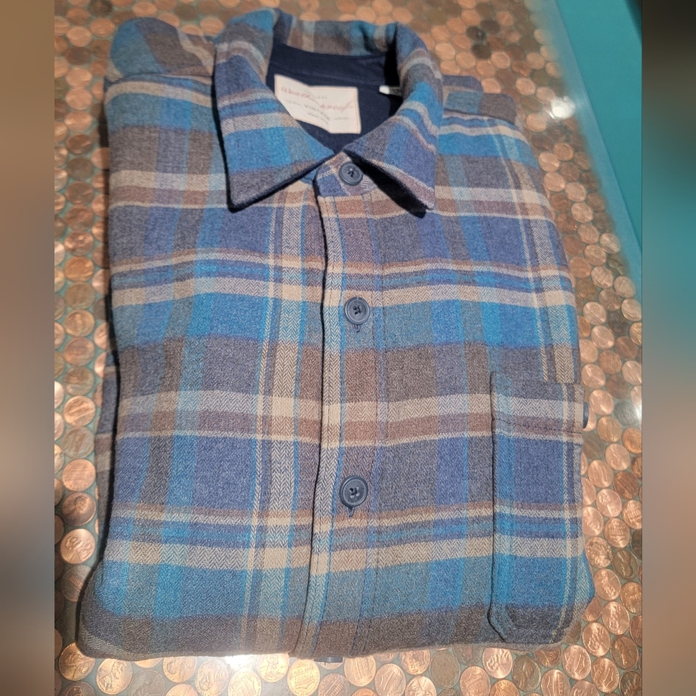 Weatherproof Blue and Tan Plaid Fleece Lined Button Down Shirt Xxl